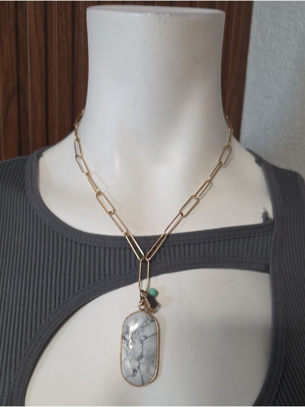 Gold Paperclip Chain Necklace with Large White Howlite Marble Pendant.